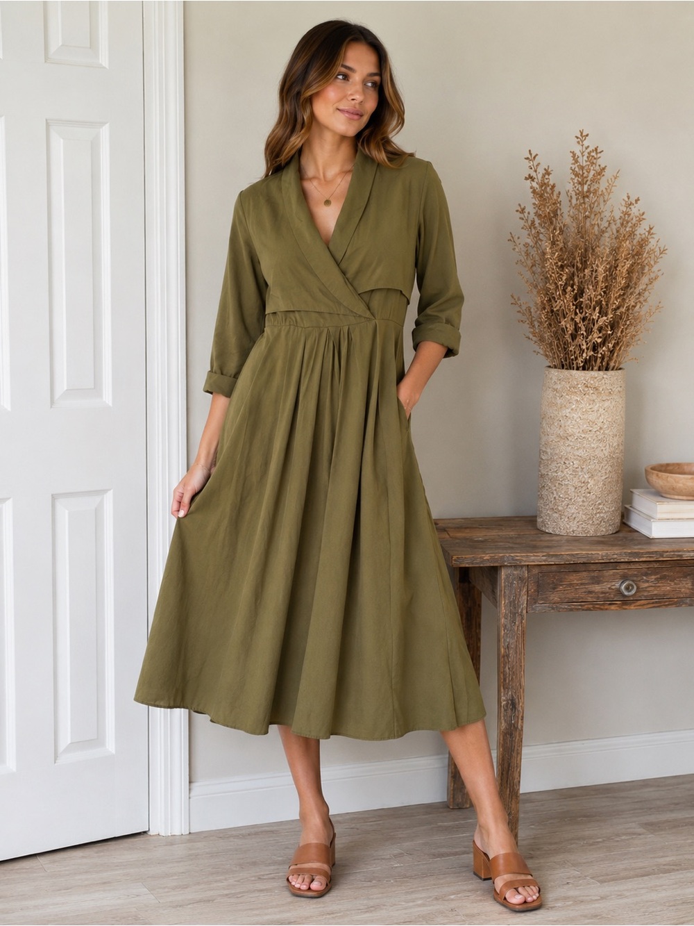 Vintage 80s 90s Styleworks Utilitarian Midi Dress Size 6 Olive Minimalist
